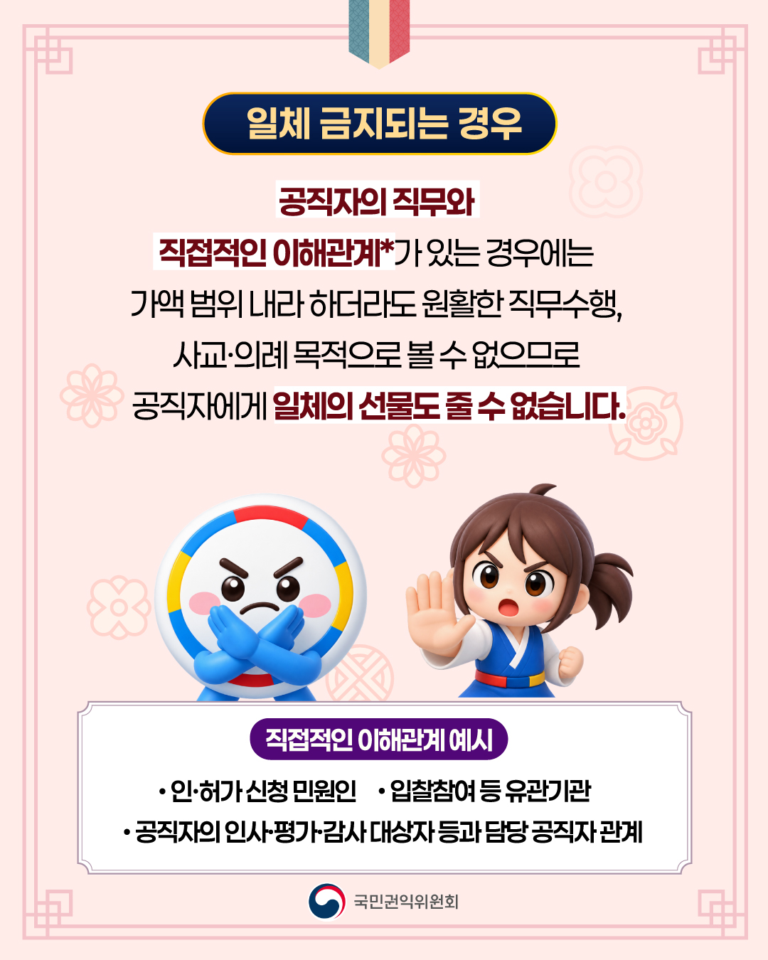 일체 금지되는 경우

공직자의 직무와 직접적인 이해관계*가 있는 경우에는
가액 범위 내라 하더라도 원활한 직무수행,
사교·의례 목적으로 볼 수 없으므로
공직자에게 일체의 선물도 줄 수 없습니다.

직접적인 이해관계 예시

인·허가 신청 민원인
입찰참여 등 유관기관
공직자의 인사·평가·감사 대상자 등과 담당 공직자 관계

국민권익위원회