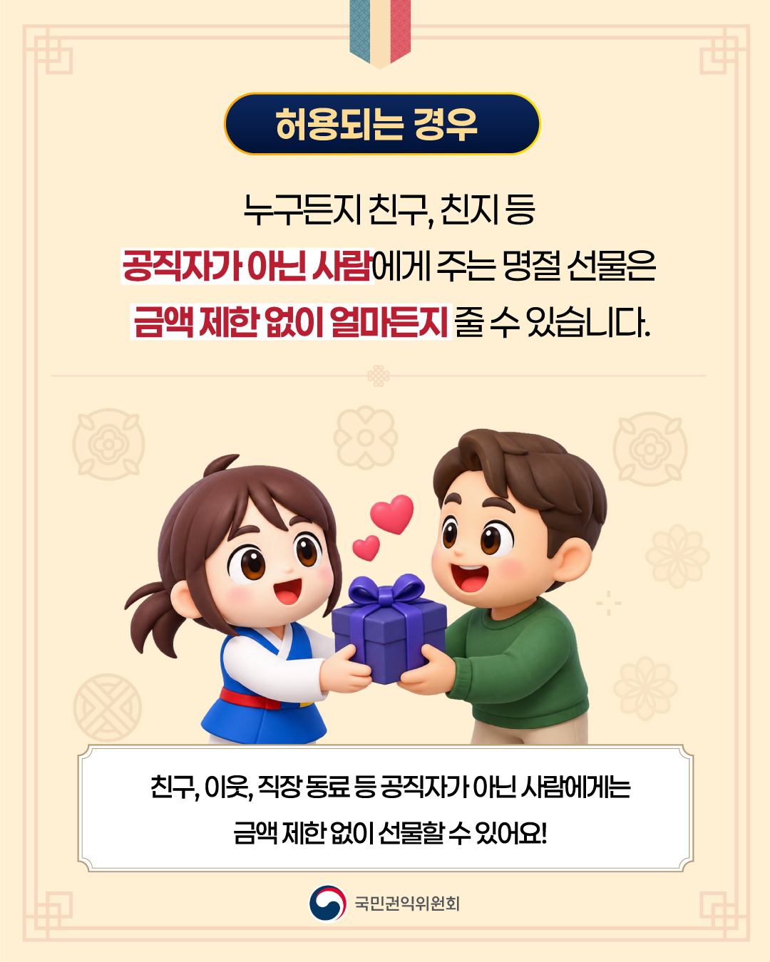 허용되는 경우

누구든지 친구, 친지 등
공직자가 아닌 사람에게 주는 명절 선물은
금액 제한 없이 얼마든지 줄 수 있습니다.

친구, 이웃, 직장 동료 등 공직자가 아닌 사람에게는
금액 제한 없이 선물할 수 있어요!

국민권익위원회