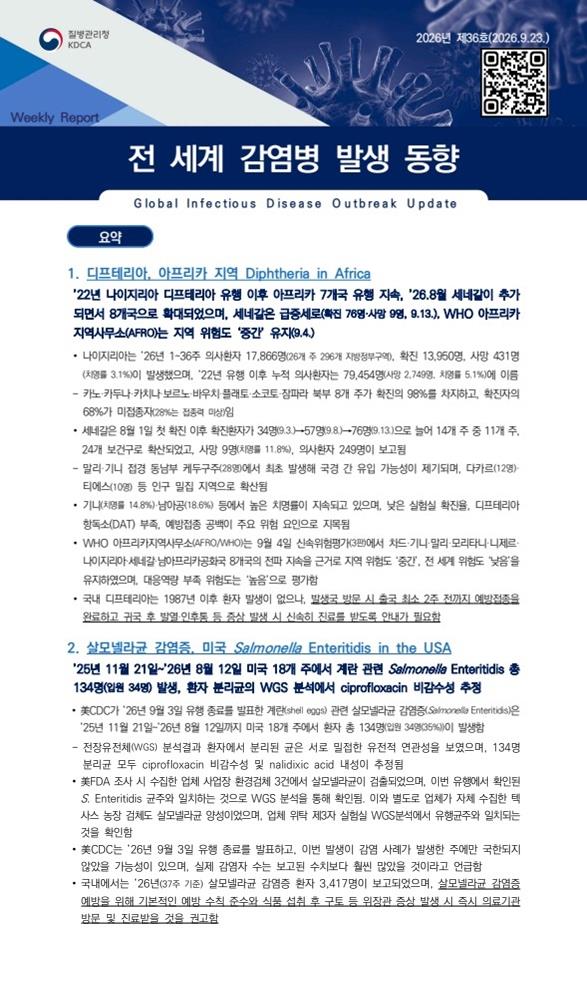 전 세계 감염병 발생 동향 2026년 제36호 이미지