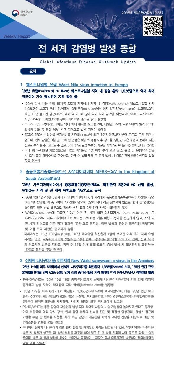 전 세계 감염병 발생 동향 2026년 제40호 이미지