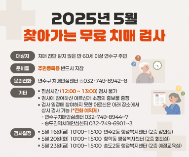 2025년 5월 찾아가는 무료 치매 검사  대상자: 치매 진단 받지 않은 만 60세 이상 연수구 주민 준비물: 주민등록증 반드시 지참 문의전화: 연수구 치매안심센터 ☏032-749-8942~8 기타:  점심시간 (12:00 ~ 13:00) 검사 불가 검사에 참여하신 어르신께 소정의 홍보물 증정 검사 일정에 참여하지 못한 어르신은 아래 장소에서 상시 검사 가능 (*전화 예약제) 연수구치매안심센터 032-749-8944~7 송도권역치매안심센터 032-749-6901~3 검사 일정:  5월 16일(금) 10:00~15:00 연수2동 행정복지센터 (2층 강의실) 5월 20일(화) 10:00~15:00 청학동 행정복지센터 (2층 회의실) 5월 23일(금) 10:00~15:00 송도2동 행정복지센터 (2층 예절교육실)