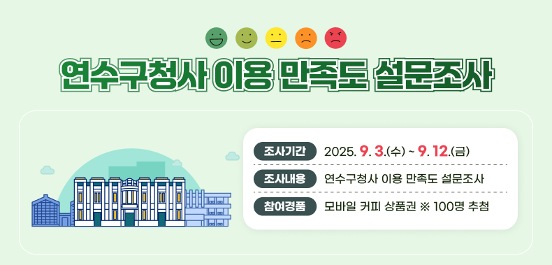 연수구청사 이용 만족도 설문조사  ▶조사기간 : 2025. 9. 3.(수) ~ 9. 12.(금) ▶조사내용 : 연수구청사 이용 만족도 설문조사 ▶참여경품 : 모바일 커피 상품권 ※ 100명 추첨
