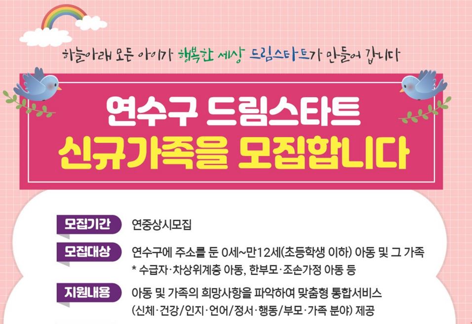 하늘아래 모든 아이가 행복한 세상 드림스타트가 만들어 갑니다
연수구 드림스타트 신규가족을 모집합니다
모집기간 : 연중 상시 모집
모집대상 : 연수구에 주소를 둔 0세~만12세(초등학생 이하) 아동 및 그 가족
*수급자, 차상위계층 아동, 한부모, 조손가정 아동 등
지원내용 : 아동 및 가족의 희망사항을 파악하여 맞춤형 통합서비스