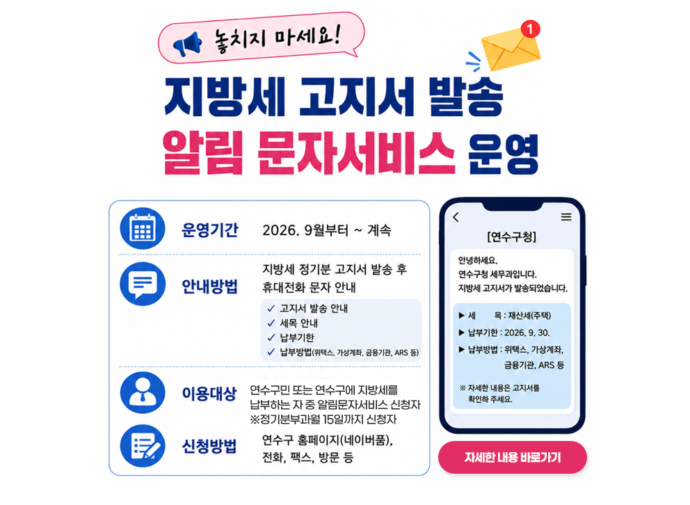 지방세 고지서 발송 알림 문자서비스 운영&nbsp;- 운영기간 : 2026. 9월부터 ~ 계속&nbsp;- 안내방법 : 지방세 정기분 고지서 발송 후 휴대전화 문자 안내&nbsp;- 이용대상 : 연수구민 또는 연수구에 지방세를&nbsp;납부하는 자 중 알림문자서비스 신청자&nbsp;※정기분부과월 15일까지 신청자&nbsp;- 신청방법 : 연수구 홈페이지, 전화, 팩스, 방문 등&nbsp;&nbsp;자세한 내용 바로가기
