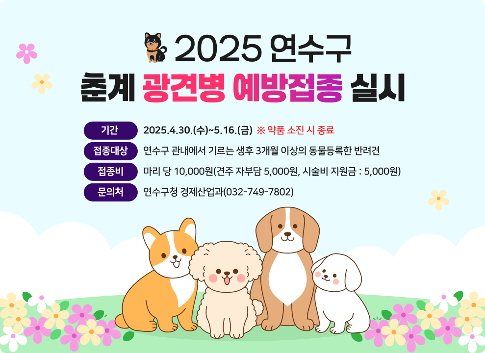 2025 연수구 춘계 광견병 예방접종 실시  기간 : 2025.4.30.(수)~5.16.(금) *약품 소진 시 종료 접종대상 : 연수구 관내에서 기르는 생후 3개월 이상의 동물등록한 반려견 접종비 : 마리 당 10,000원(견주 자부담 5,000원, 시술비 지원금 : 5,000원) 문의처 : 연수구청 경제산업과(032-749-7802)