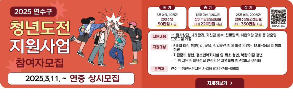 2025 연수구 청년도전지원사업 참여자 모집 2025.3.11~연중 상시모집  지원내용 : 1:1밀착상담, 사례관리. 자신감 회복, 진로탐색, 취업역량 강화 등 맞춤형 프로그램 제공 지원대상: 6개월 이상 취(창)업, 교육, 직업훈련 참여 이력이 없는 18세~34세 미취업 청년/자립준비 청년, 청소년복지시설 입·퇴소 청년, 북한 이탈 청년/그 외 지원의 필요성을 인정받은 지역특화 청년(35세~39세) 문의처:연수구 청년도전지원 사업팀 (032-749-8980)  