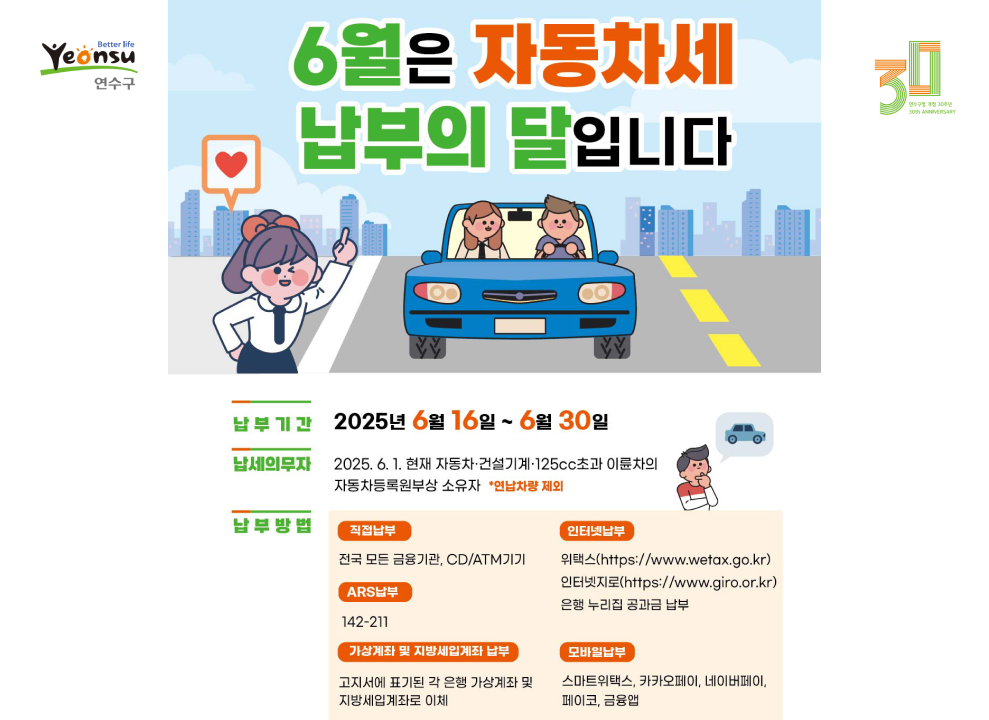 6월은 자동차세 납부의 달입니다. 납부기간 : 2025년 6월 16일 ~ 6월 30일 납세의무자 :  2025. 6. 1. 현재 자동차 건설기계 125cc초과 이륜차의 자동차등록원부상 소유자 연납차량 제외 납부방법 : 직접납부 - 전국 모든 금융기관 CD/ATM기기 ARS납부 - 142-211 가상계좌 및 지방세입계좌 납부 - 고지서에 표기된 각 은행 가상계좌 및 자방세입계좌로 이체  인터넷납부 위택스(https://www.wetax.go.kr) 인터넷지로(https://www.giro.or.kr) 은행 누리집 공과금 납부 모바일납부 스마트위택스, 카카오페이, 네이버페이, 페이코, 금융앱
