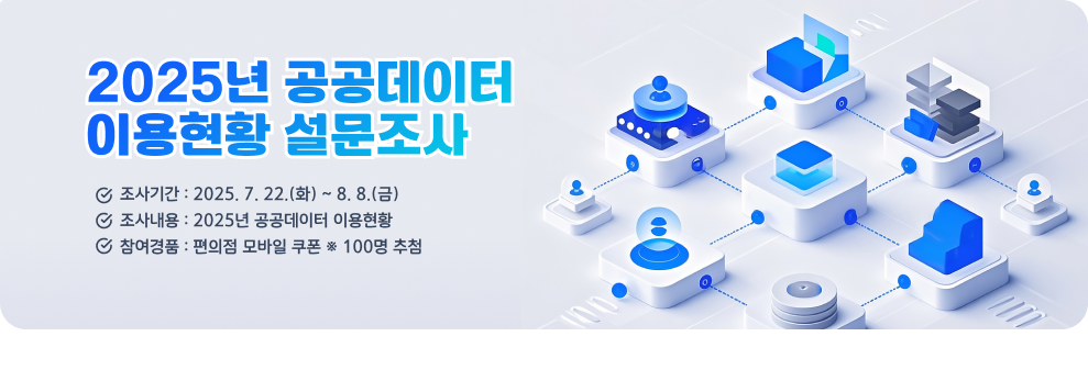2025년 공공데이터 이용현황 설문조사  ▶조사기간 : 2025. 7. 22.(화) ~ 8. 8.(금) ▶조사내용 : 2025년 공공데이터 이용현황 ▶참여경품 : 편의점 모바일 쿠폰 ※ 100명 추첨