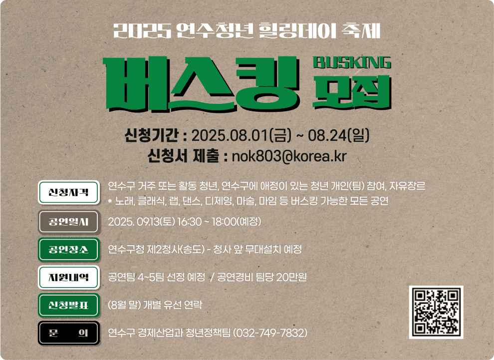 2025 연수청년 활력데이 축제 버스킹 모집 BUSKING 신청기간 : 2025.08.01(금) ~ 08.24(일) 신청서 제출 : nok803@korea.kr  신청자격 연수구 거주 또는 활동 청년, 연수구에 애정이 있는 청년 개인(팀) 참여, 자유장르  노래, 클래식, 랩, 댄스, 디제잉, 마술, 마임 등 버스킹 가능한 모든 공연  공연일시 2025. 09.13(토) 16:30 ~ 18:00(예정)  공연장소 연수구청 제2청사(송도)  청사 앞 무대설치 예정  신청발표 (8월 말) 개별 유선 연락  지원내역 공연팀 4~5팀 선정 예정 공연경비 팀당 20만원  문의 연수구 경제산업과 청년정책팀 032-749-7832