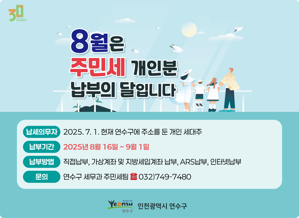 8월은 주민세 개인분 납부의 달입니다 납세의무자 2025. 7. 1. 현재 연수구에 주소를 둔 개인 세대주 납부기간 2025년 8월 16일 ~ 9월 1일 납부방법 직접납부, 가상계좌 및 지방세입계좌 납부, ARS납부, 인터넷납부 문의 연수구 세무과 주민세팀 ☎ 032)749-7480