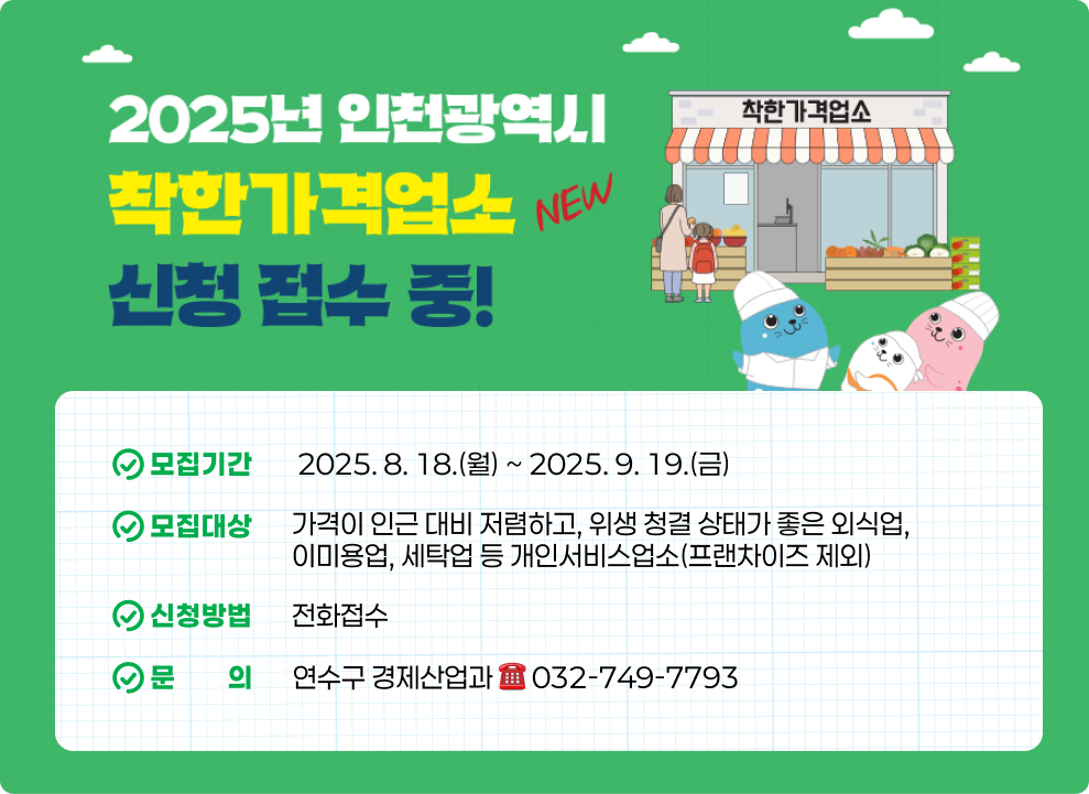 2025년 착한가격업소 신청 접수 모집기간: 2025. 8. 18.(월) ~ 2025. 9. 19.(금) 모집대상: 가격이 인근 대비 저렴하고, 위생 청결 상태가 좋은 외식업, 이미용업, 세탁업 등 개인서비스업소(프랜차이즈 제외) 신청방법: 전화접수 문 의: 연수구 경제산업과 ☎ 032-749-7793