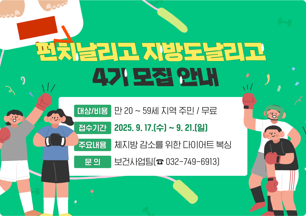 펀치날리고 지방도날리고 4기 모집 안내 ○ 대 상 : 만 20 ~ 59세 지역 주민 ○ 접수기간 : 2025. 9. 17.(수) ~ 9. 21.(일) ○ 비 용 : 무료 ○ 주요내용 : 체지방 감소를 위한 다이어트 복싱 ○ 문 의 : 보건사업팀(☎ 032-749-6913)