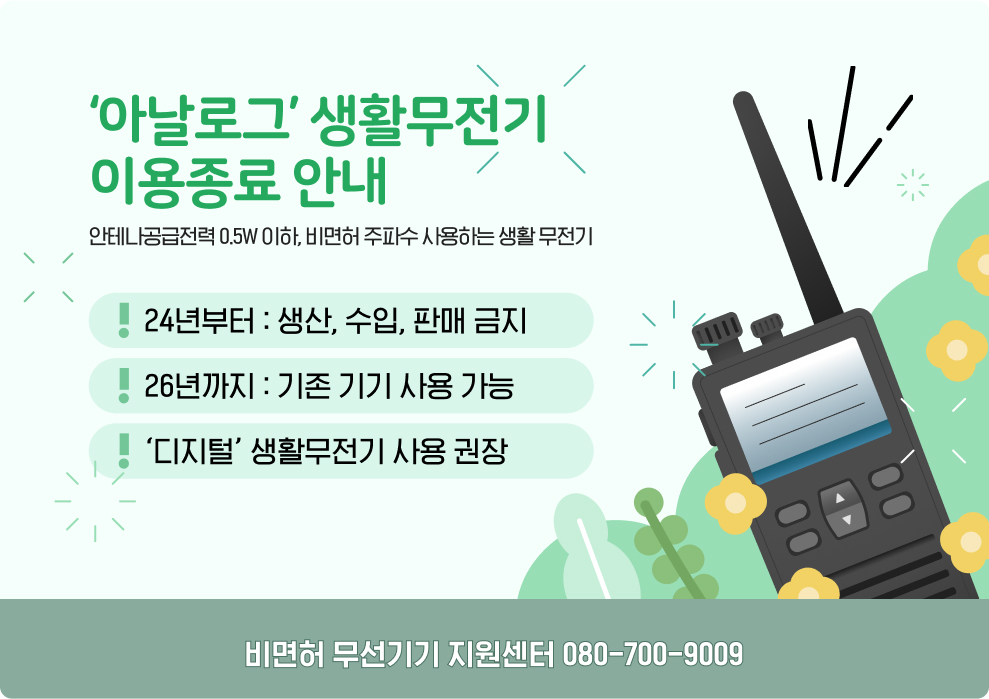 ‘아날로그’ 생활무전기 이용종료 안내 안테나공급전력 0.5W 이하, 비면허 주파수 사용하는 생활 무전기 24년부터 : 생산, 수입, 판매 금지 26년까지 : 기존 기기 사용 가능 ‘디지털’ 생활무전기 사용 권장