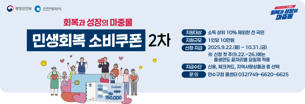 민생회복 소비쿠폰 2차 지급 안내 ○ 지원대상 : 소득 상위 10% 제외한 전 국민 ○ 지원규모 : 1인당 10만원 ○ 신청·지급 : 2025.9.22.(월) ~ 10.31.(금) ※ 신청 첫 주(9.22.~26.)에는 출생연도 끝자리별 요일제 적용 ○ 지급수단 : 신용, 체크카드, 지역사랑상품권 중 선택 ○ 문 의 : 연수구청 콜센터 032)749&#8211;6620~6625