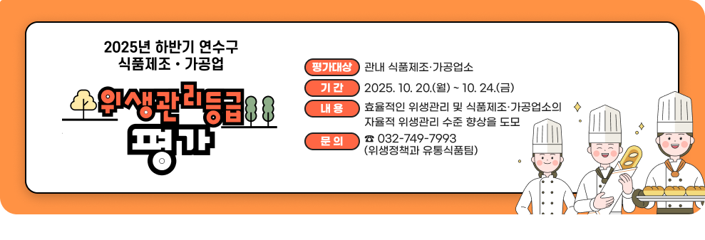 2025년 ○ 평가대상 : 관내 식품제조·가공업소 ○ 기 간 : 2025. 10. 20.(월) ~ 10. 24.(금) ○ 내 용 : 효율적인 위생관리 및 식품제조·가공업소의 자율적 위생관리 수준 향상을 도모 ○ 문 의 : ☎ 032-749-7993 (위생정책과 유통식품팀)하반기 식품제조·가공업 등 위생관리등급 평가