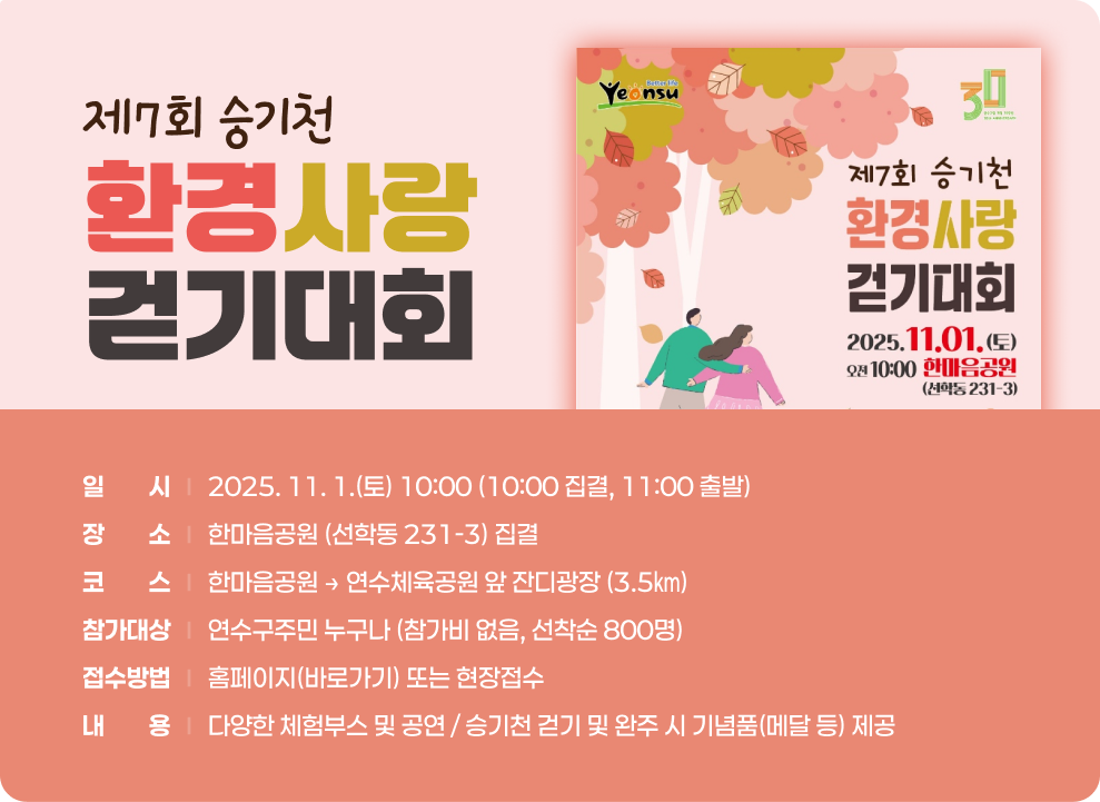 제7회 승기천 환경사랑 걷기대회 ○ 일 시 : 2025. 11. 1.(토) 10:00 (10:00 집결, 11:00 출발) ○ 장 소 : 한마음공원 (선학동 231-3) 집결 ○ 코 스 : 한마음공원 → 연수체육공원 앞 잔디광장 (3.5㎞) ○ 참가대상 : 연수구주민 누구나 (참가비 없음, 선착순 800명) ○ 접수방법 : 홈페이지(바로가기) 또는 현장접수 ○ 내 용 - 다양한 체험부스 및 공연 - 승기천 걷기 및 완주 시 기념품(메달 등) 제공