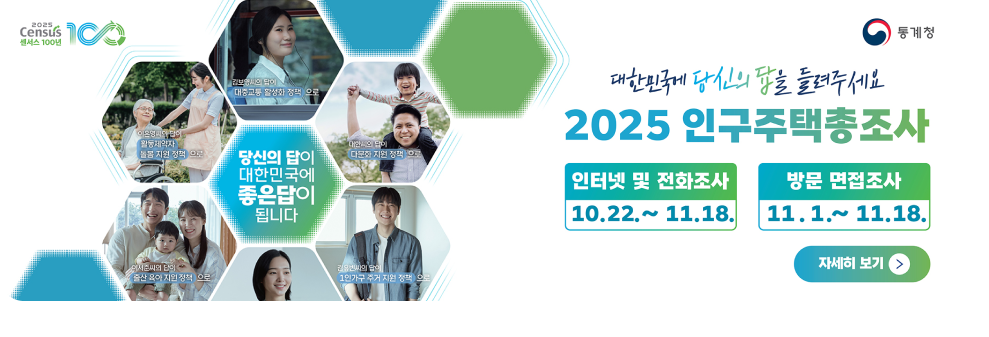 2025 census  센서스 100년 통계청 대한민국에 당신의 답을 들려주세요 2025인구주택 총조사 인터넷 및 전화조사 10.22~11.18 방문 및 면접조사 11.1~11.18 자세히보기