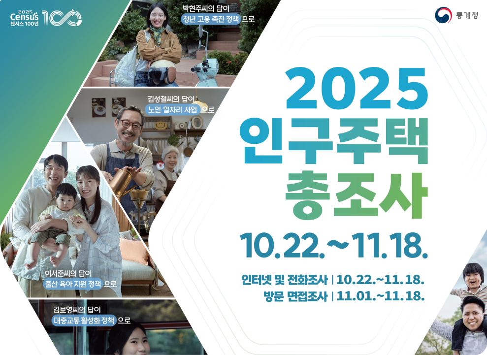 2025 census  센서스 100년 통계청 대한민국에 당신의 답을 들려주세요 2025인구주택 총조사 인터넷 및 전화조사 10.22~11.18 방문 및 면접조사 11.1~11.18 자세히보기
