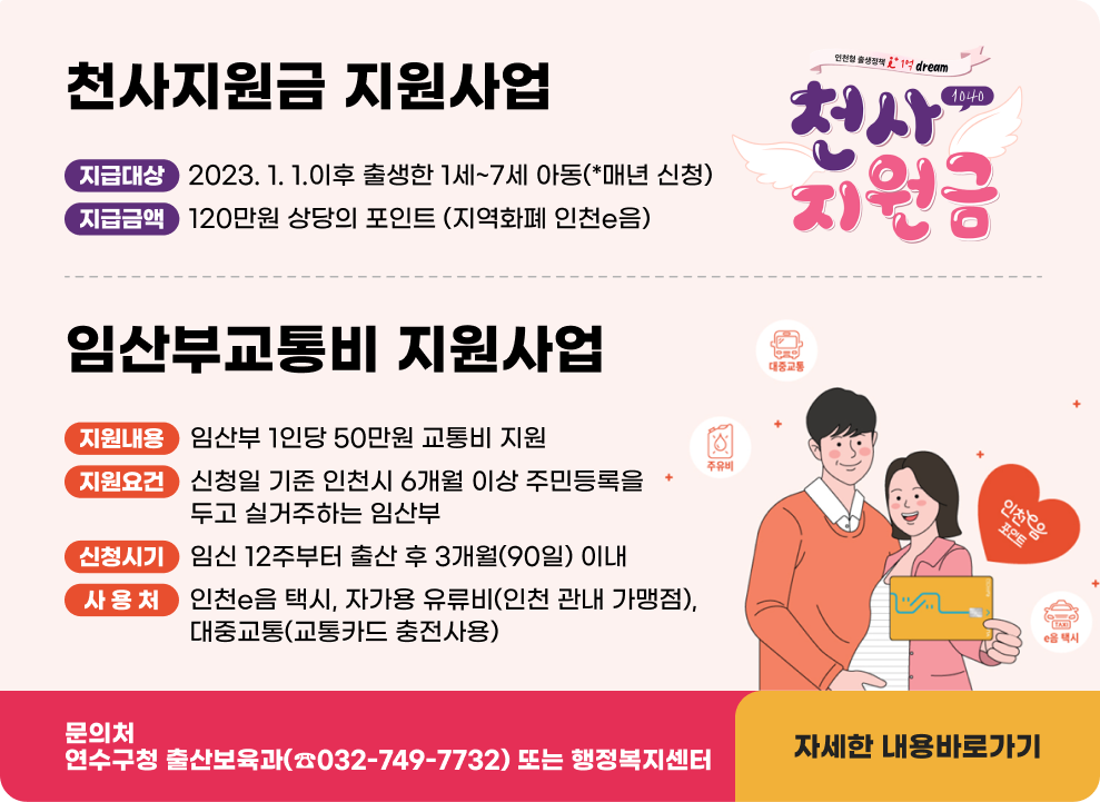 ○ 천사지원금 지원사업 - 지급대상: 2023. 1. 1.이후 출생한 1세~7세 아동(*매년 신청) - 지급금액: 120만원 상당의 포인트(지역화폐 인천e음) ○ 임산부교통비 지원사업 - 지원내용 : 임산부 1인당 50만원 교통비 지원 - 지원요건 : 신청일 기준 인천시 6개월 이상 주민등록을 두고 실거주하는 임산부 - 신청시기 : 임신 12주부터 출산 후 3개월(90일) 이내 - 사 용 처 : 인천e음 택시, 자가용 유류비(인천 관내 가맹점), 대중교통(교통카드 충전사용) ○ 문의처: 연수구청 출산보육과(☎032-749-7732) 또는 행정복지센터  자세한 내용 바로가기  천사지원금 신청하러가기 QR코드