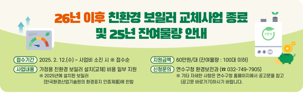 26년 이후 친환경 보일러 교체사업 종료 및 25년 잔여물량 안내 ○ 접수기간 : 2025. 2. 12.(수) ~ 사업비 소진 시 ※ 접수순 ○ 사업내용 : 가정용 친환경 보일러 설치(교체) 비용 일부 지원 ※ 2025년에 설치된 보일러(한국환경산업기술원의 환경표지 인증제품)에 한함 ○ 지원금액 : 60만원/대 (잔여물량 : 100대 이하) ○ 신청문의 : 연수구청 환경보전과 (☎ 032-749-7905) ※ 기타 자세한 사항은 연수구청 홈페이지에서 공고문을 참고(공고문 바로가기)하시기 바랍니다. 
