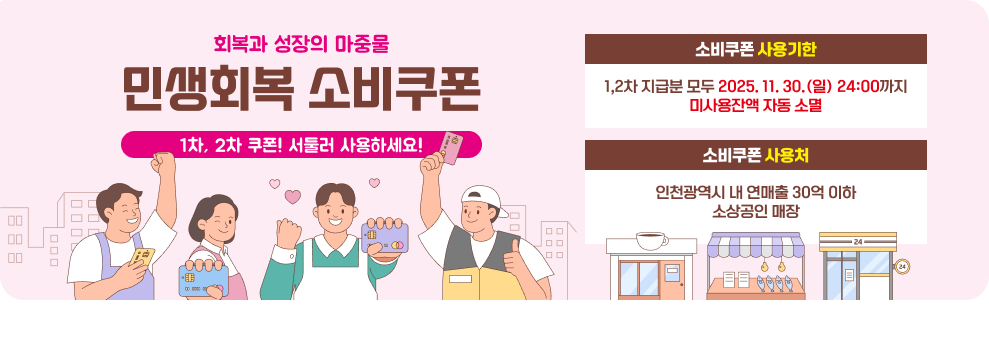 민생회복 소비쿠폰1.2차 서둘러 사용하세요!!! 기한 안에 사용하지 않은 금액은 자동 소멸됩니다. -소비쿠폰 사용기한 : 1.2차 지급분 모두 2025.11.30.(일) 24:00까지 -소비쿠폰 사용처 : 인천광역시 내 연매출 30억원 이하 소상공인 매장