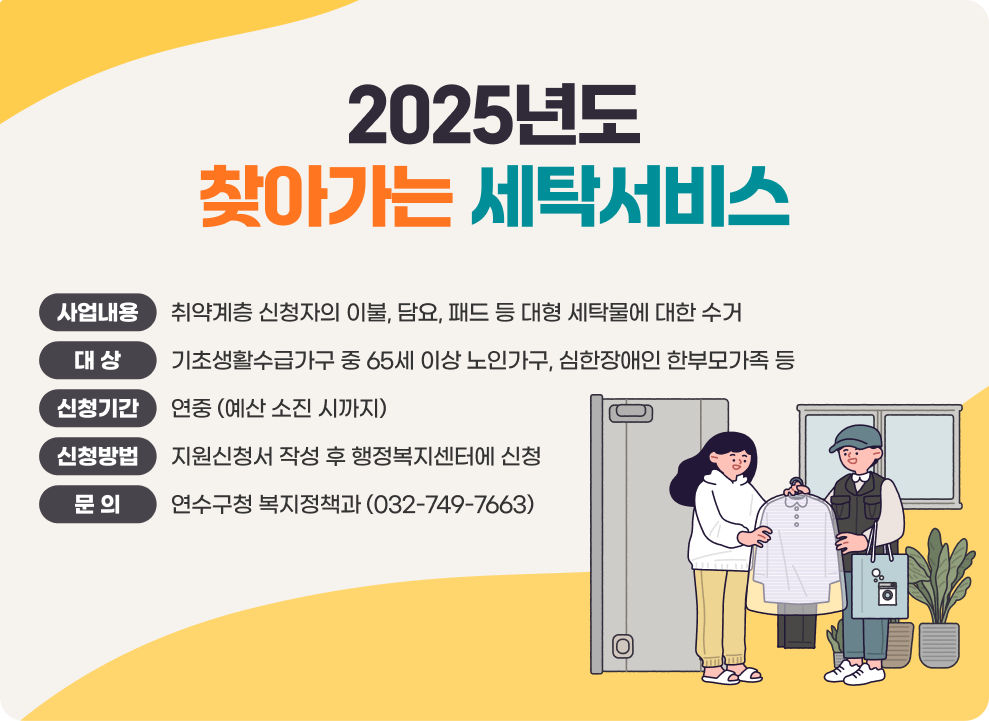 2025년도 찾아가는 세탁서비스  - 사업내용 : 취약계층 신청자의 이불, 담요, 패드 등 대형 세탁물에 대한 수거 - 대 상 : 기초생활수급가구 중 65세 이상 노인가구, 심한장애인 한부모가족 등 - 신청기간 : 연중 (예산 소진 시까지) - 신청방법 : 지원신청서 작성 후 행정복지센터에 신청 - 문 의 : 연수구청 복지정책과 (032-749-7663)