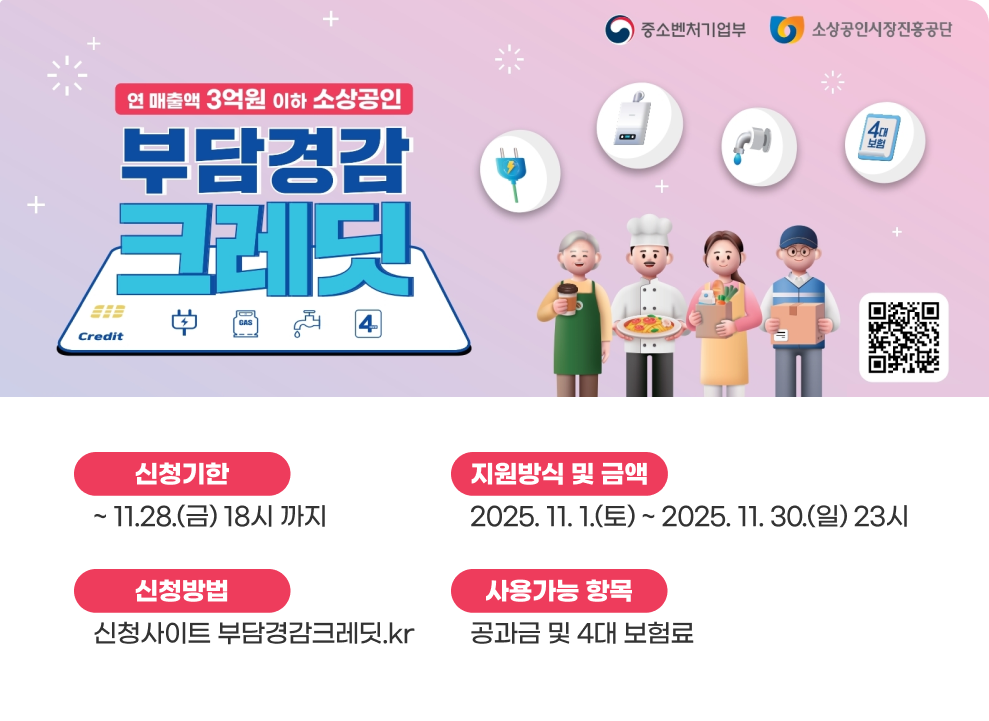 소상공인 부담경감 크레딧 지원사업 안내 ○ 신청기한 : ~ 11.28.(금) 18시 까지 ○ 지원방식 및 금액 : 소상공인 1인당 크레딧 50만원을 등록한 카드로 지급 ○ 사용가능 항목 : 공과금 및 4대 보험료 ○ 신청방법 : 신청사이트 부담경감크레딧.kr