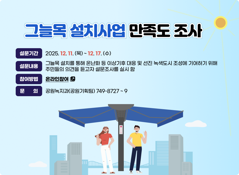 그늘목 설치사업 만족도 조사&nbsp;  - 설문기간 : 2025. 12. 11. (목) ~ 12. 17. (수)&nbsp;  - 설문 내용 : 그늘목 설치를 통해 온난화 등 이상기후 대응 및 선진 녹색도시 조성에 기여하기 위해 주민들의  의견을 듣고자 설문조사를 실시 함&nbsp;  - 참여방법 : 온라인참여(바로가기)&nbsp;  - 문    의 : 공원녹지과(공원기획팀) 749-8727 ~ 9