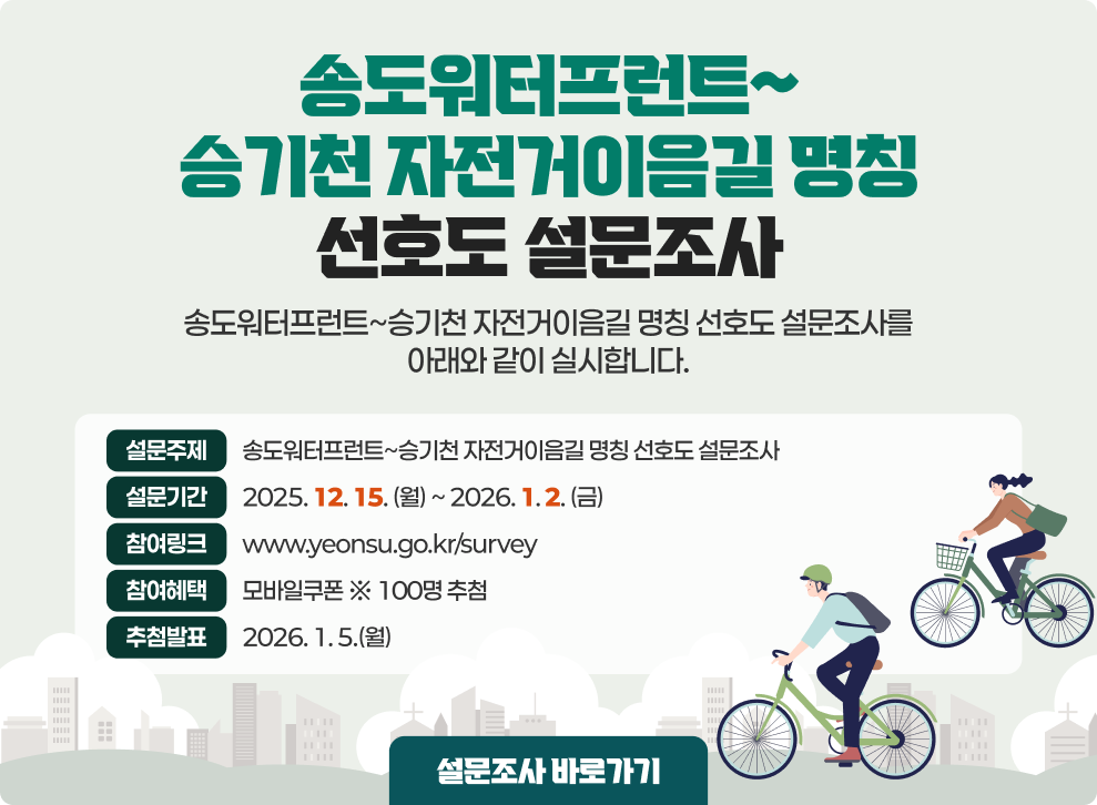 송도워터프런트~승기천 자전거이음길 명칭 선호도 설문조사&nbsp;&nbsp; 송도워터프런트~승기천 자전거이음길 명칭 선호도 설문조사를 아래와 같이 실시합니다.&nbsp;&nbsp;▶ 설문주제 : 송도워터프런트~승기천 자전거이음길 명칭 선호도 설문조사&nbsp;▶ 기      간 : 2025. 12. 15.(월) ~ 2026. 1. 2. (금)&nbsp;▶ 참여링크 : www.yeonsu.go.kr/survey&nbsp;▶ 참여혜택 : 모바일쿠폰 ※ 100명 추첨&nbsp;▶ 추첨발표 : 2026. 1. 5.(월)&nbsp;              설문조사 바로가기
