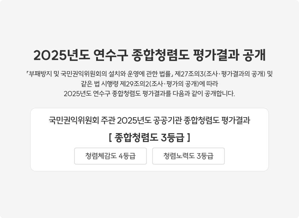 국민권익위원회 주관&nbsp;2025년도 공공기관 종합청렴도 평가결과&nbsp;&nbsp;<종합청렴도 3등급>&nbsp;○ 청렴체감도 4등급&nbsp;○ 청렴노력도 3등급
