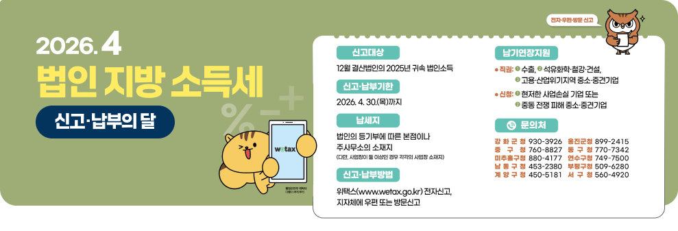 2026.4 법인지방소득세 신고·납부의 달 전자우편·방문 신고 + 워택스 신고대상 12월 결산법인의 2025년 귀속 법인소득 신고·납부기한 2026. 4. 30.(목)까지 납세지 법인의 등기부에 따른 본점이나 주사무소의 소재지 (다만, 사업장이 둘 이상인 경우 각각의 사업장 소재지) 신고·납부방법 위택스(www.wetax.go.kr) 전자신고, 지자체에 우편 또는 방문신고 납기연장지원 직권: 수출, 석유화학·철강·건설, 고용·산업위기지역 중소·중견기업 신청: 현저한 사업손실 기업 또는 중동 전쟁 피해 중소·중견기업 문의처 강화군청 930-3926 옹진군청 899-2415 중구청 760-8827 동구청 770-7342 미추홀구청 880-4177 연수구청 749-7500 남동구청 453-2380 부평구청 509-6280 계양구청 450-5181 서구청 560-4920