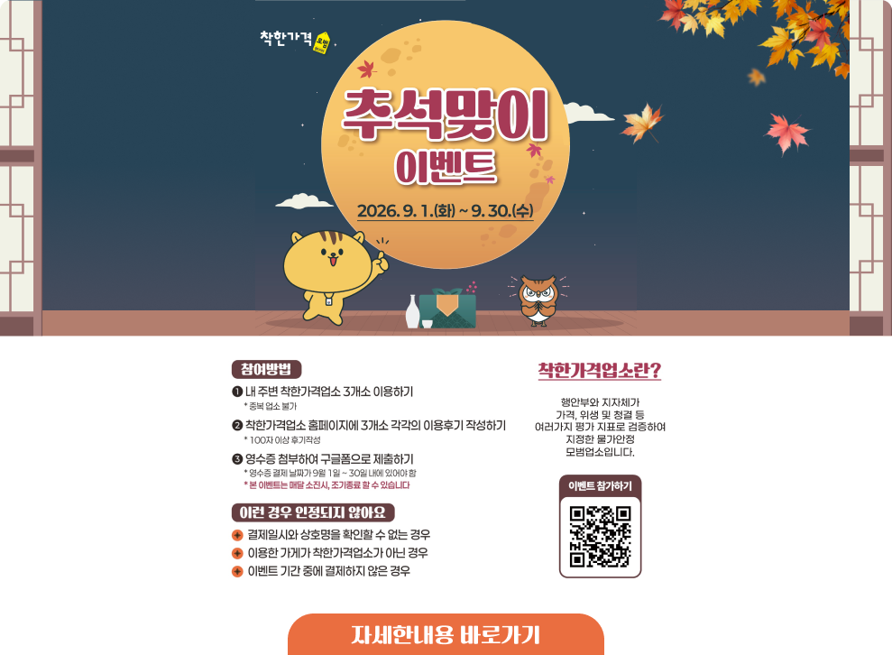 착한가격 * 추석맞이 이벤트 2026.9.1.(화) ~ 9.30.(수) 참여방법 내 주변 착한가격업소 3개소 이용하기 *중복 업소 불가 착한가격업소 홈페이지에 3개소 각각의 이용후기 작성하기 * 100자 이상 후기작성 영수증 첨부하여 구글폼으로 제출하기 *영수증 결제 날짜가 9월 1일~30일 내에 있어야 할 *본 이벤트는 매달 소진시, 조기종료 할 수 있습니다 [이런 경우 인정되지 않아요 결제일시와 상호명을 확인할 수 없는 경우 이용한 가게가 착한가격업소가 아닌 경우 이벤트 기간 중에 결제하지 않은 경우 착한가격업소란? 행안부와 지자체가 가격, 위생 및 청결 등 여러가지 평가 지표로 검증하여 지정한 물가안정 모범업소입니다. 이벤트 참가하기 자세한내용 바로가기