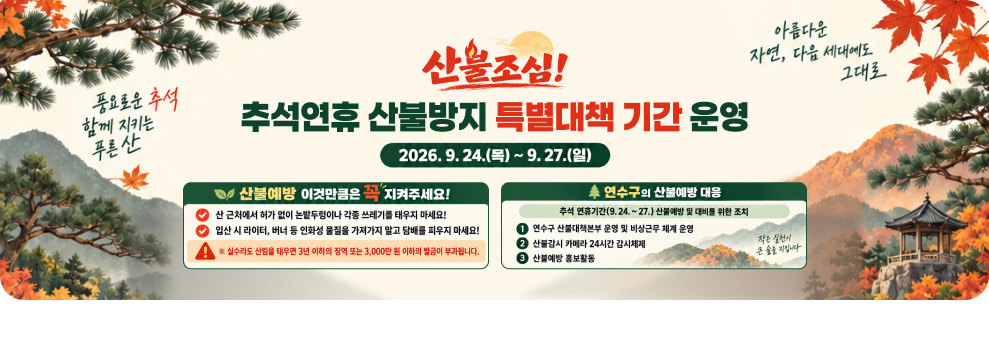 풍요로운 추석 함께 지키는 푸른산 산불조심! 아름다운 자연, 다음 세대에도 그대로 추석연휴 산불방지 특별대책 기간 운영 2026.9.24.(목) ~ 9. 27.(일) 산불예방 이것만큼은 꼭 지켜주세요! 산 근처에서 허가 없이 논밭두렁이나 각종 쓰레기를 태우지 마세요! 입산 시 라이터, 버너 등 인화성 물질을 가져가지 말고 담배를 피우지 마세요! ▲ ※ 실수라도 산림을 태우면 3년 이하의 징역 또는 3,000만 원 이하의 벌금이 부과됩니다. ▲ 연수구의 산불예방 대응 추석 연휴기간(9.24.~27.) 산불예방 및 대비를 위한 조치 연수구 산불대책본부 운영 및 비상근무 체계 운영 ② 산불감시 카메라 24시간 감시체제 산불예방 홍보활동 작은 실천이 큰 숲을 지입니다