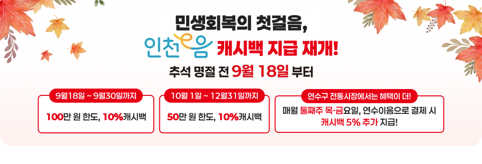 민생회복의 첫걸음,&nbsp;인천이음 캐시백 지급 재개!&nbsp;추석 명절 전 9월 18일부터&nbsp;○ 9월 18일 ~ 9월 30일까지&nbsp;100만 원 한도, 10% 캐시백&nbsp;○ 10월 1일 ~ 12월 31일까지&nbsp;50만 원 한도, 10% 캐시백&nbsp;○연수구 전통시장에서는 혜택이 더!&nbsp;매월 둘째 주 목·금요일, 연수이음으로 결제 시&nbsp;캐시백 5% 추가 지급!