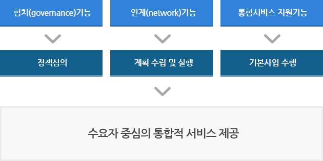 협치(governance)기능 > 정책심의, 연계(network)기능 > 계획 수립 및 실행, 통합서비스 지원기능 > 기본사업 수행 - 수요자 중심의 통합적 서비스 제공